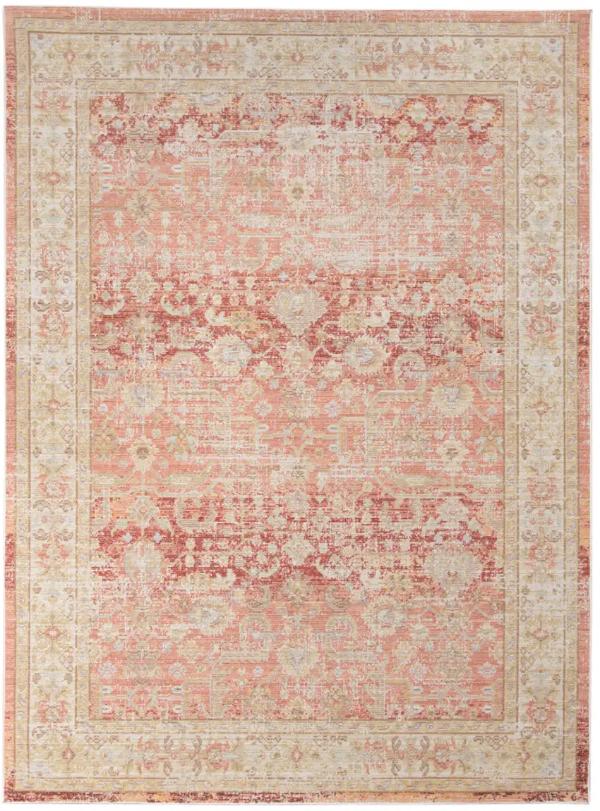Red and Ivory Oriental Power Loom Distressed Area Rug Photo 1