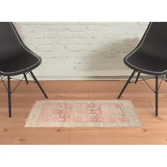 Red and Ivory Oriental Power Loom Distressed Area Rug Photo 4