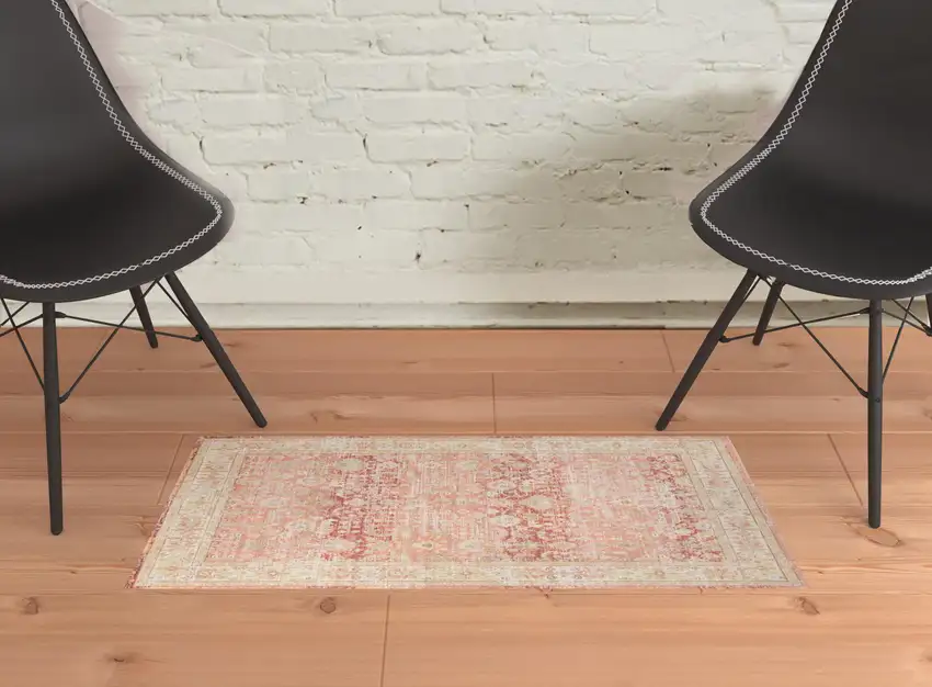 Red and Ivory Oriental Power Loom Distressed Area Rug Photo 4