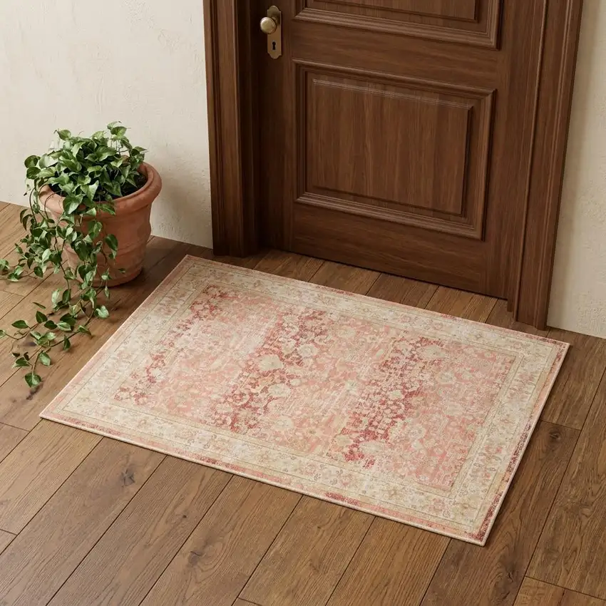 Salmon And Tan Floral Distressed Area Rug Photo 1