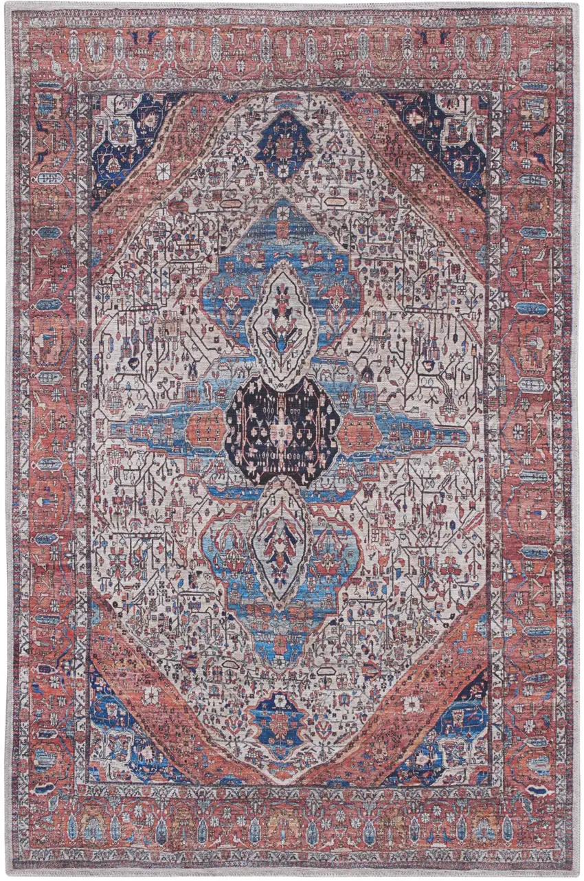 Red and Ivory Oriental Power Loom Distressed Washable Non Skid Area Rug Photo 1