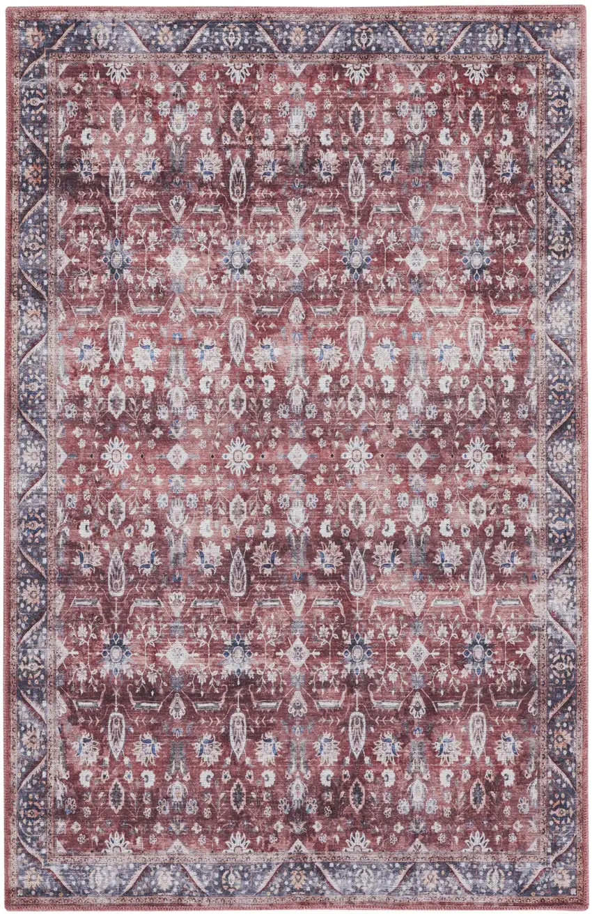 Red and Ivory Oriental Power Loom Distressed Washable Non Skid Area Rug Photo 1