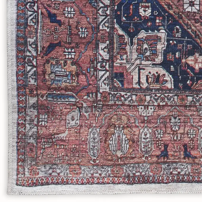 5' X 7' Red and Ivory Oriental Power Loom Distressed Washable Non Skid Area Rug Photo 3