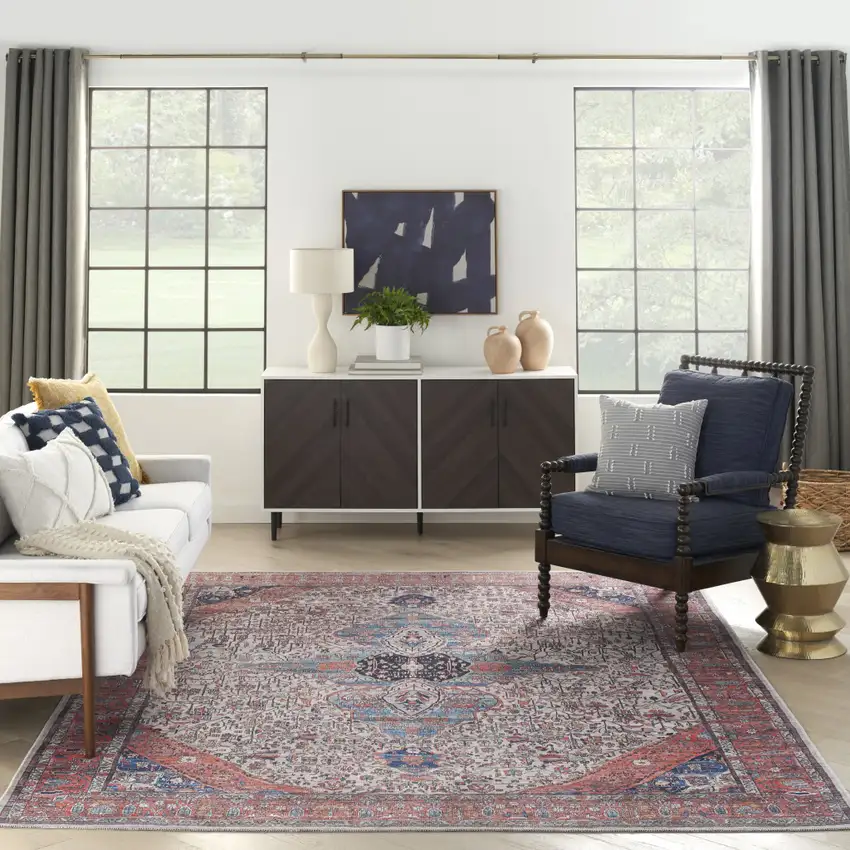 5' X 7' Red and Ivory Oriental Power Loom Distressed Washable Non Skid Area Rug Photo 6