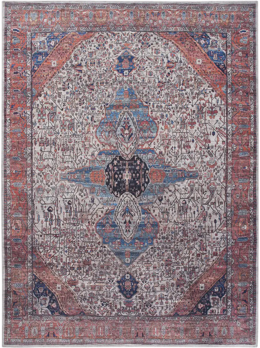 Red and Ivory Oriental Power Loom Distressed Washable Non Skid Area Rug Photo 1