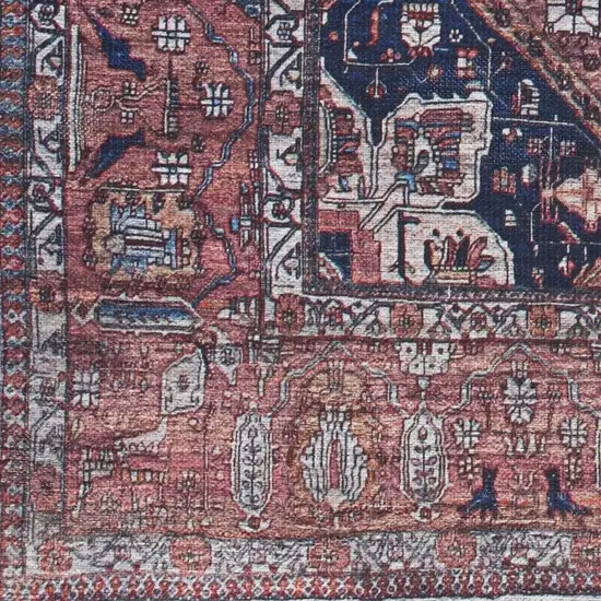 5' X 7' Red and Ivory Oriental Power Loom Distressed Washable Non Skid Area Rug Photo 4