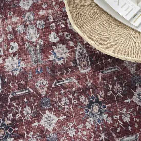 5' X 7' Red and Ivory Oriental Power Loom Distressed Washable Non Skid Area Rug Photo 9