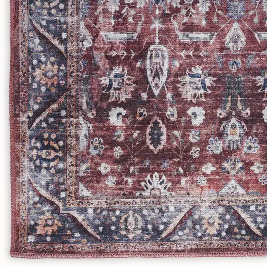 5' X 7' Red and Ivory Oriental Power Loom Distressed Washable Non Skid Area Rug Photo 9