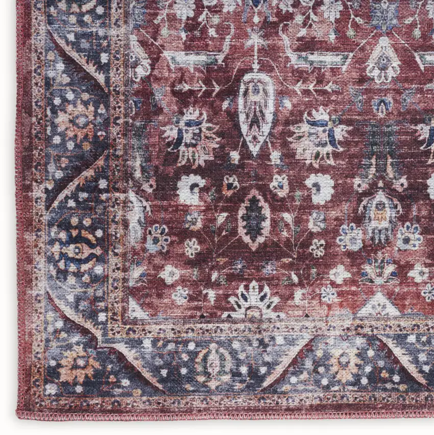 5' X 7' Red and Ivory Oriental Power Loom Distressed Washable Non Skid Area Rug Photo 9