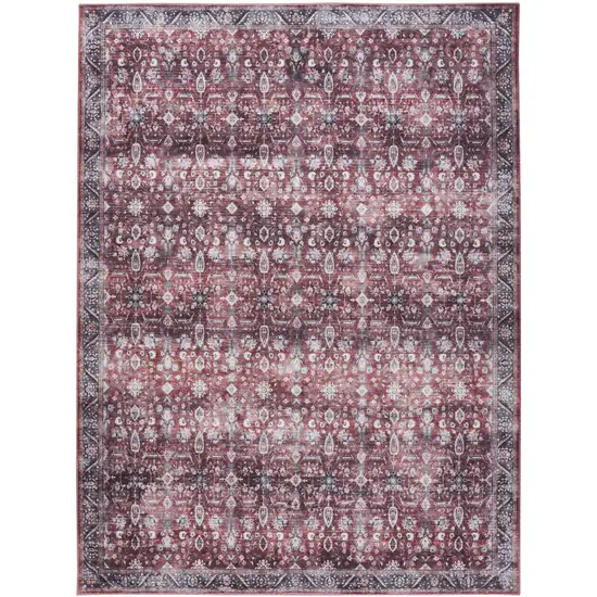 5' X 7' Red and Ivory Oriental Power Loom Distressed Washable Non Skid Area Rug Photo 2