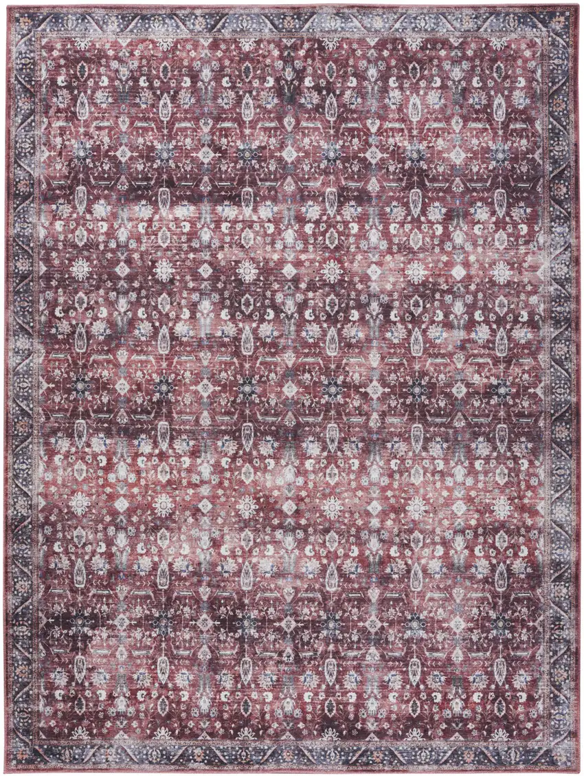 5' X 7' Red and Ivory Oriental Power Loom Distressed Washable Non Skid Area Rug Photo 2