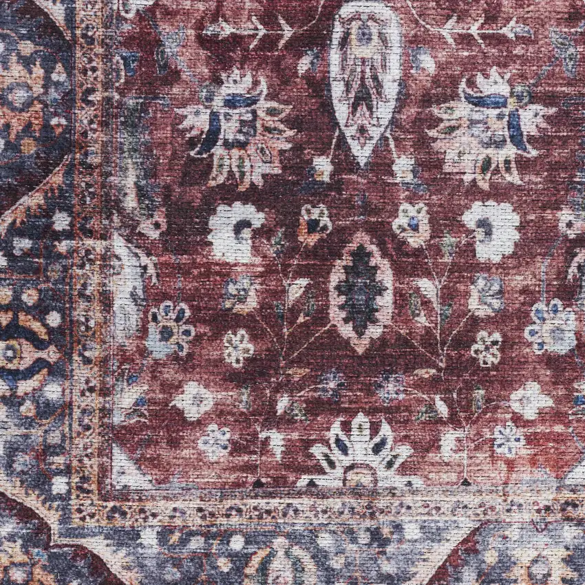 5' X 7' Red and Ivory Oriental Power Loom Distressed Washable Non Skid Area Rug Photo 1