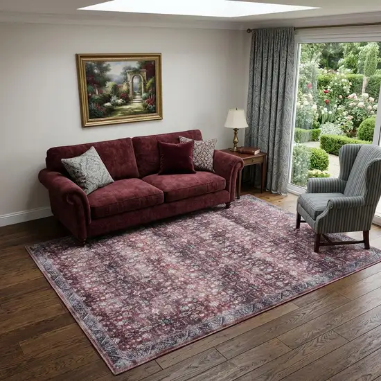 5' X 7' Red and Ivory Oriental Power Loom Distressed Washable Non Skid Area Rug Photo 1
