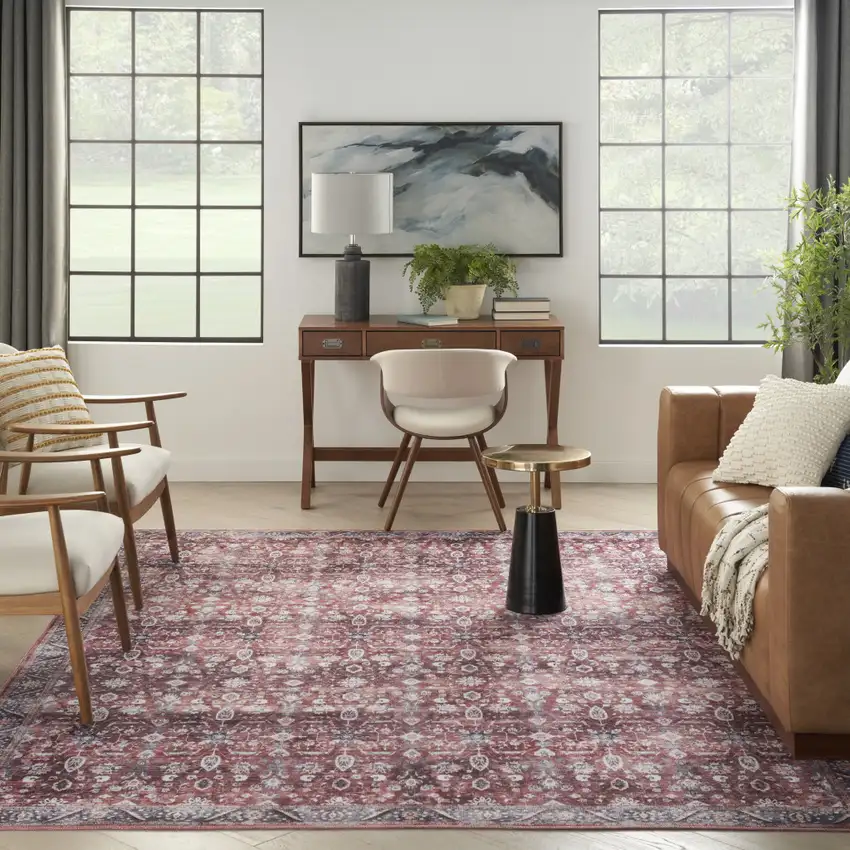 Red and Ivory Oriental Power Loom Distressed Washable Non Skid Area Rug Photo 6