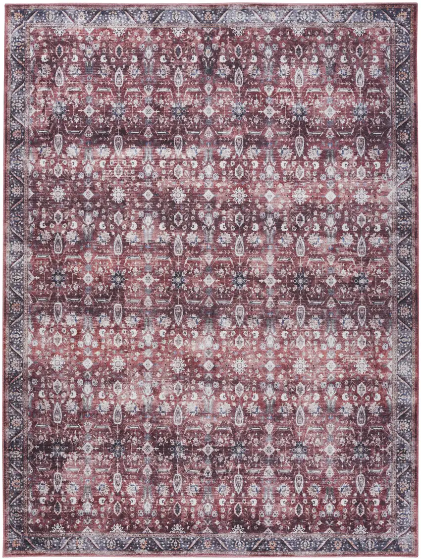Red and Ivory Oriental Power Loom Distressed Washable Non Skid Area Rug Photo 1