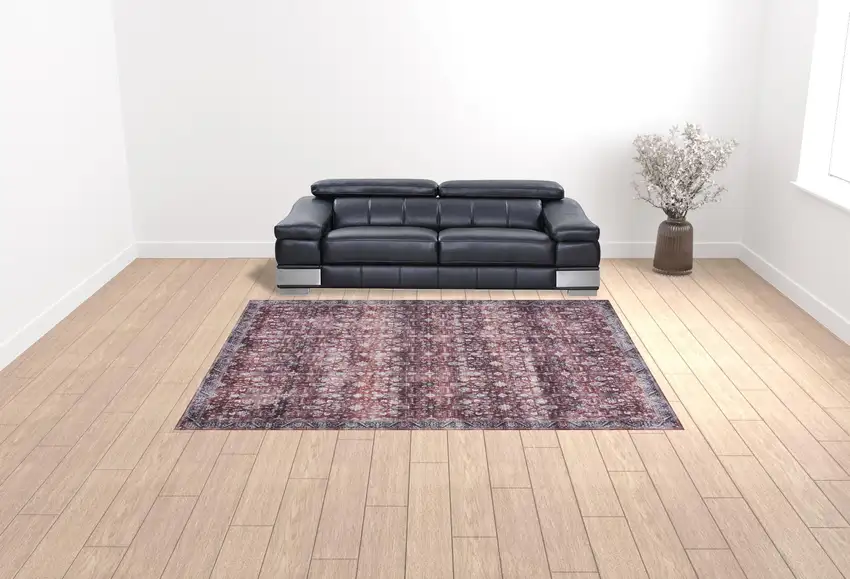 Red and Ivory Oriental Power Loom Distressed Washable Non Skid Area Rug Photo 3