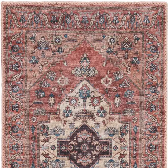 6' Red And Ivory Oriental Distressed Washable Runner Rug Photo 9