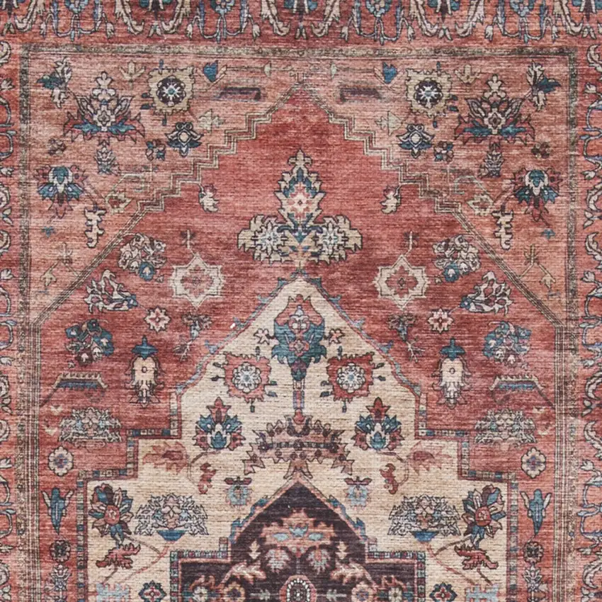 Red and Ivory Oriental Power Loom Distressed Washable Non Skid Runner Rug Photo 9