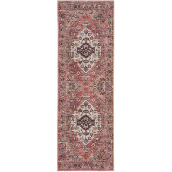 6' Red And Ivory Oriental Distressed Washable Runner Rug Photo 4