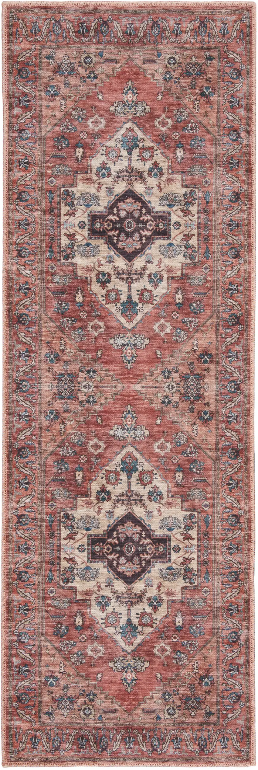 6' Red And Ivory Oriental Distressed Washable Runner Rug Photo 4