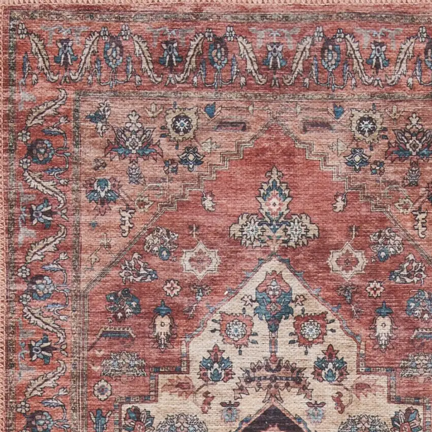 6' Red And Ivory Oriental Distressed Washable Runner Rug Photo 1