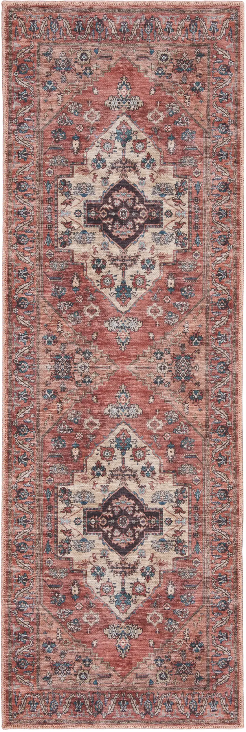Red and Ivory Oriental Power Loom Distressed Washable Non Skid Runner Rug Photo 2