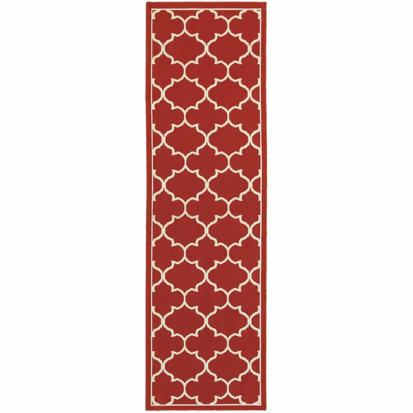 Red and Ivory Trellis Indoor Outdoor Runner Rug Photo 1