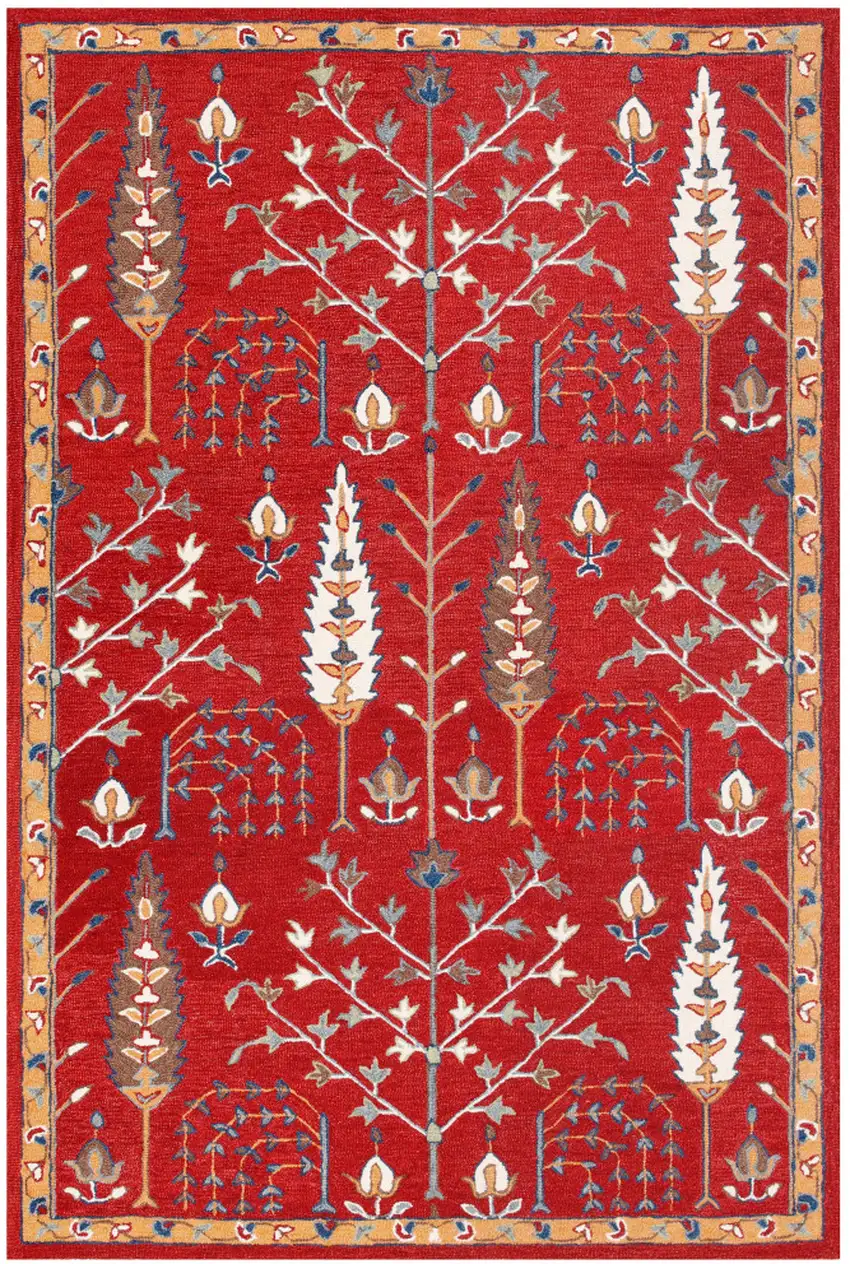 Red and Ivory Wool Floral Hand Tufted Area Rug Photo 2