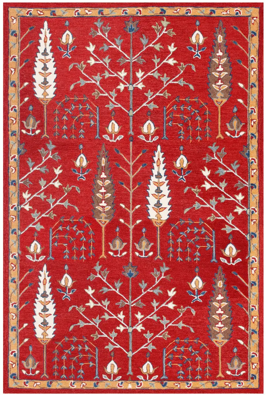 Red and Ivory Wool Floral Hand Tufted Area Rug Photo 7