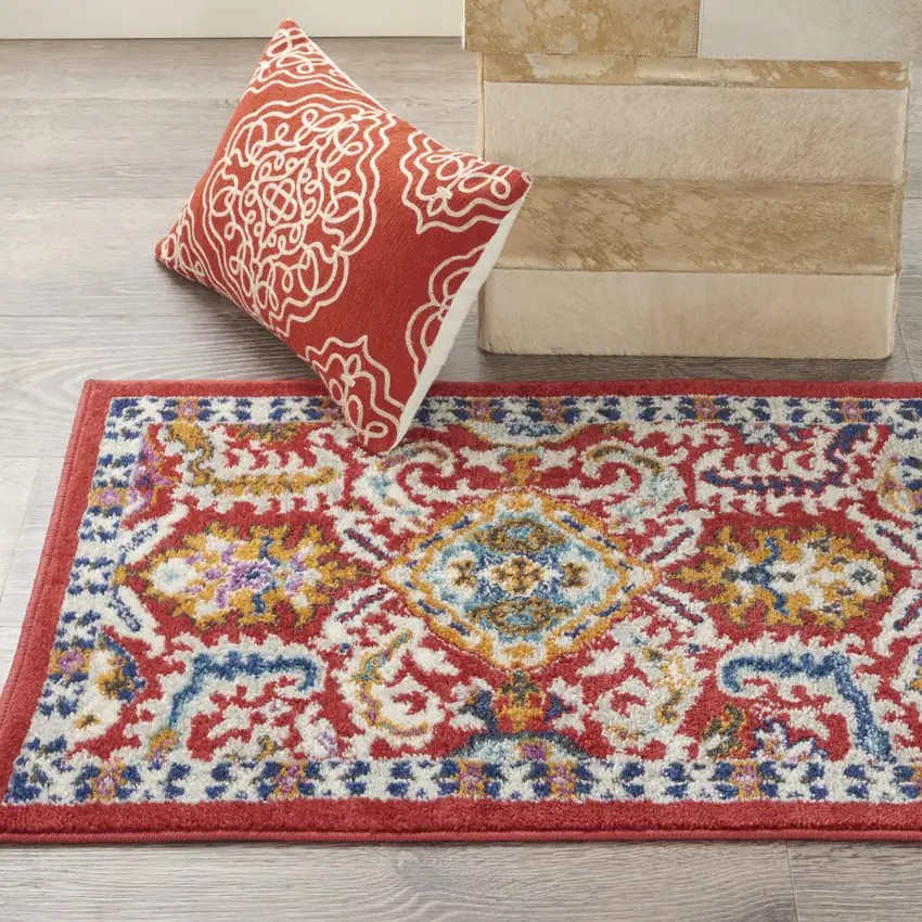 Red And Ivory Damask Area Rug Photo 8