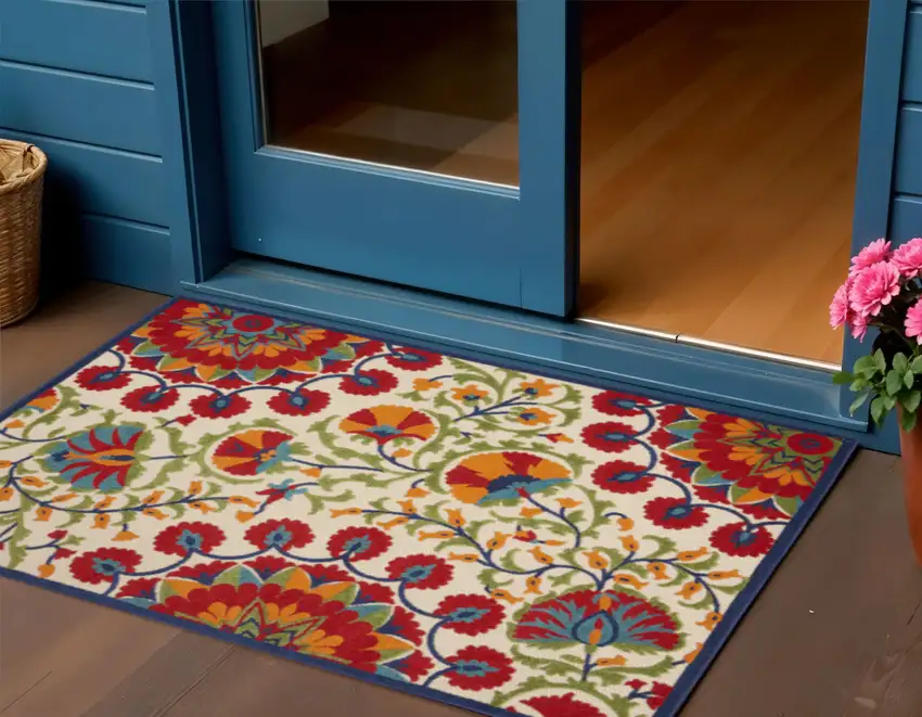 Red And Ivory Floral Indoor Outdoor Area Rug Photo 2