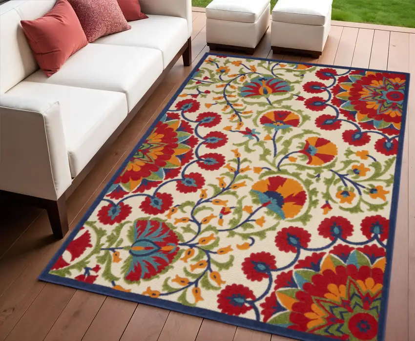 Red And Ivory Floral Indoor Outdoor Area Rug Photo 2