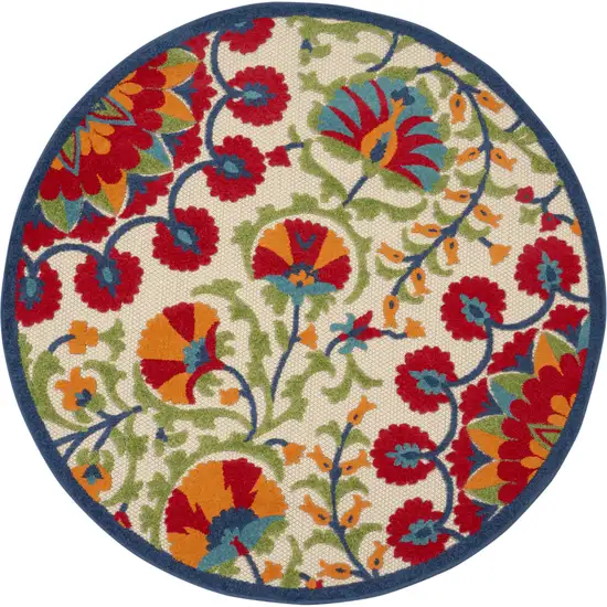 4' Red And Ivory Round Floral Indoor Outdoor Area Rug Photo 1