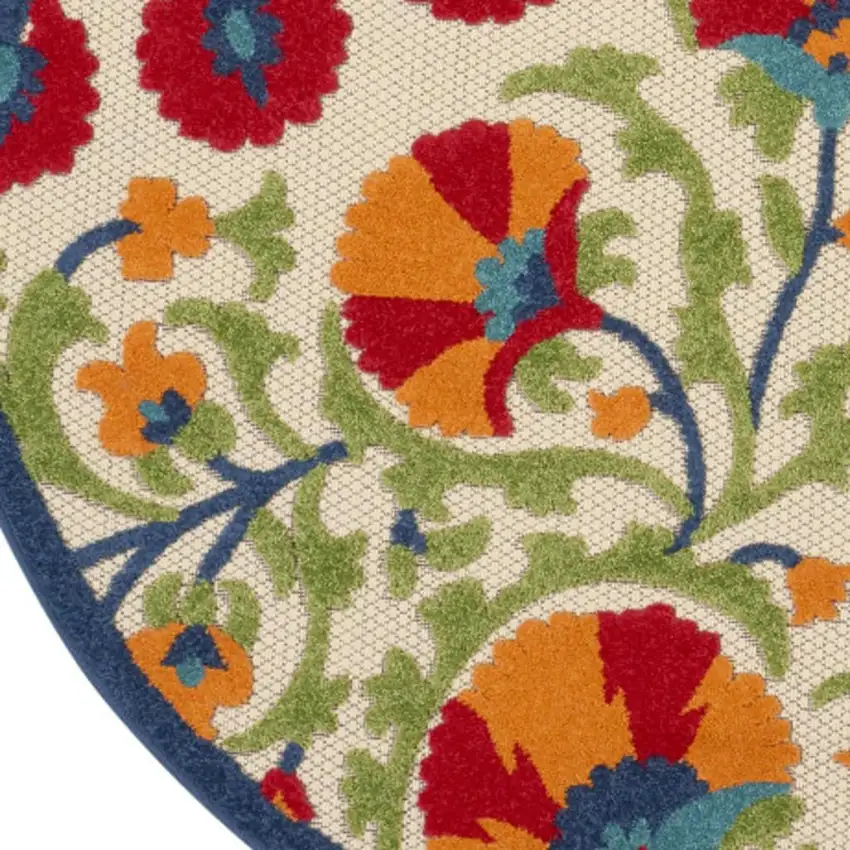 4' Red And Ivory Round Floral Indoor Outdoor Area Rug Photo 3