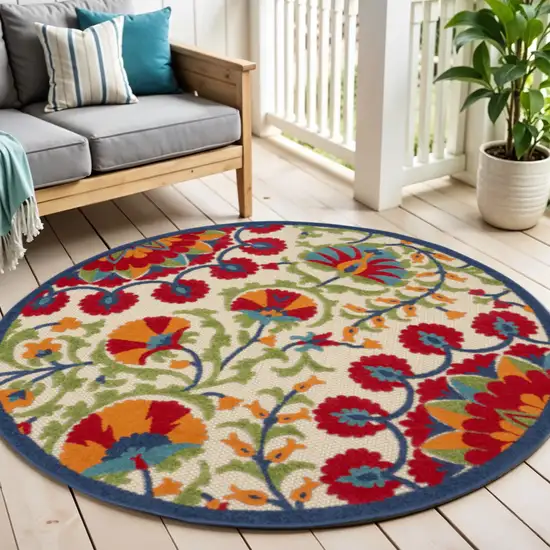 4' Red And Ivory Round Floral Indoor Outdoor Area Rug Photo 2