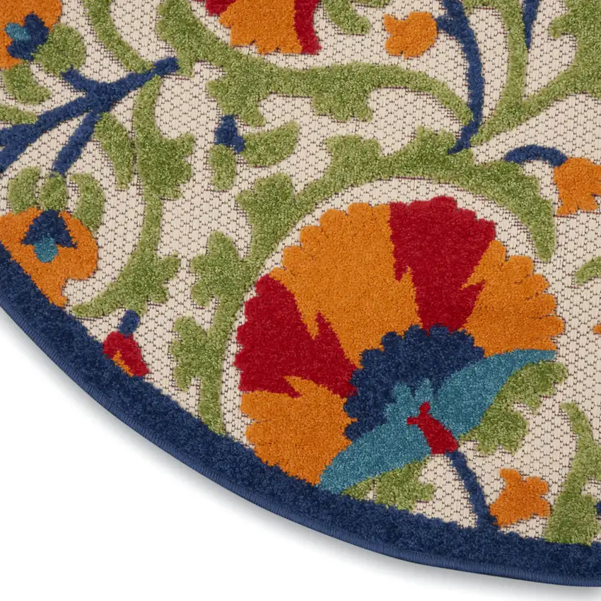 4' Red And Ivory Round Floral Indoor Outdoor Area Rug Photo 9