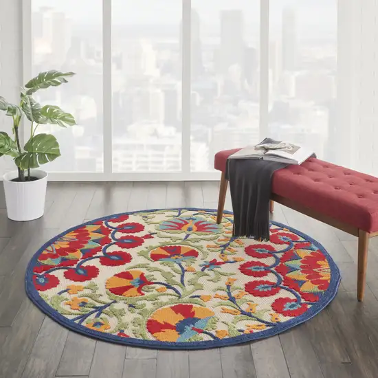 4' Red And Ivory Round Floral Indoor Outdoor Area Rug Photo 7