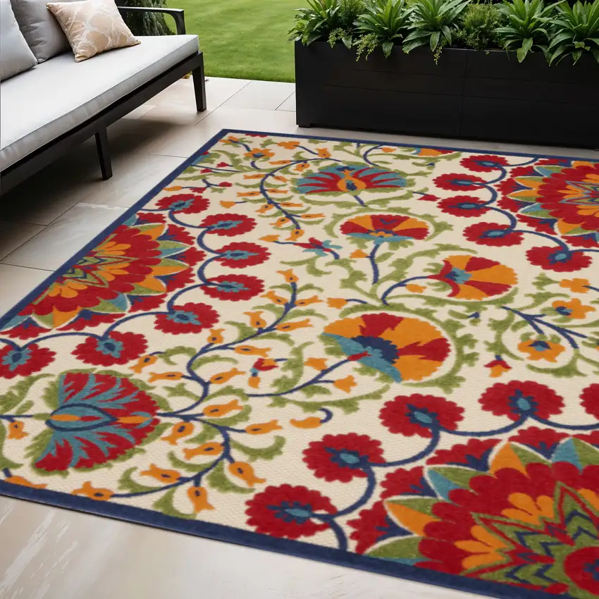 Red And Ivory Floral Indoor Outdoor Area Rug Photo 2
