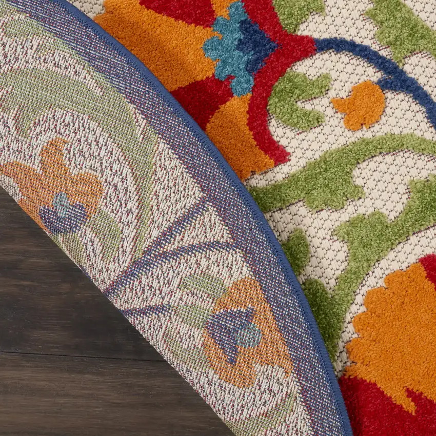 Red And Ivory Round Floral Indoor Outdoor Area Rug Photo 6