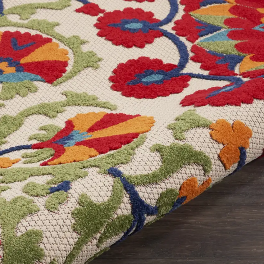 Red And Ivory Round Floral Indoor Outdoor Area Rug Photo 8