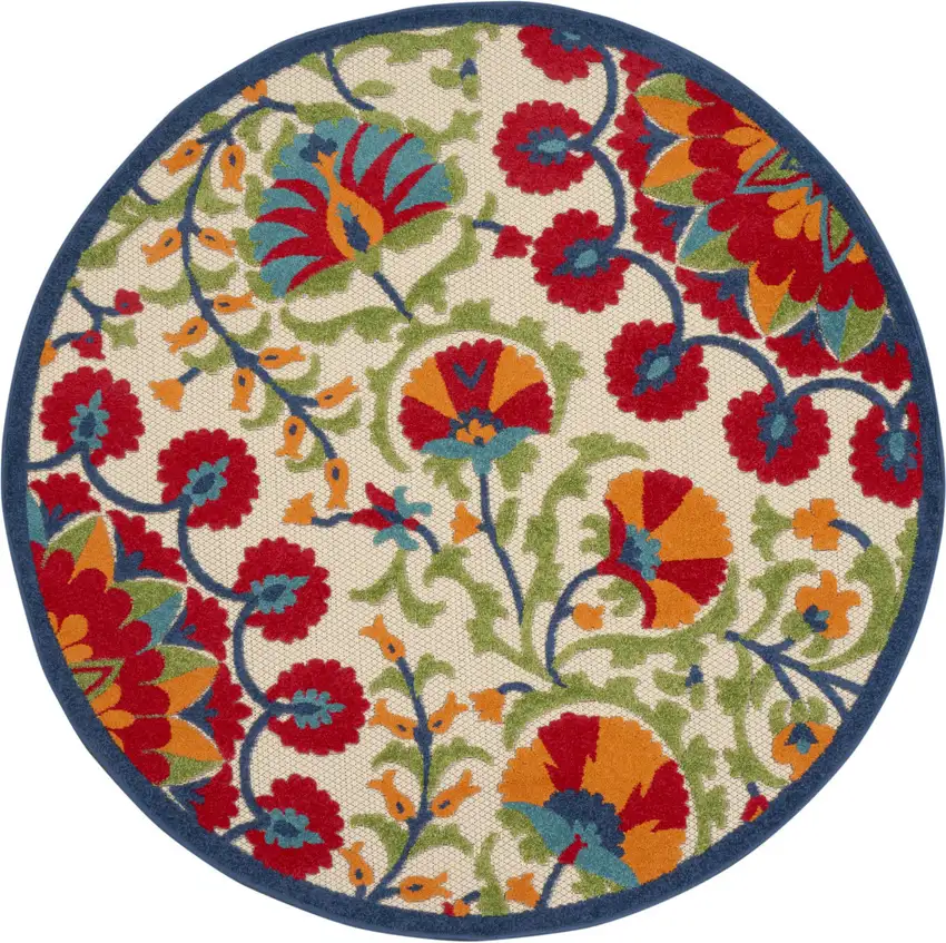 Red And Ivory Round Floral Indoor Outdoor Area Rug Photo 4