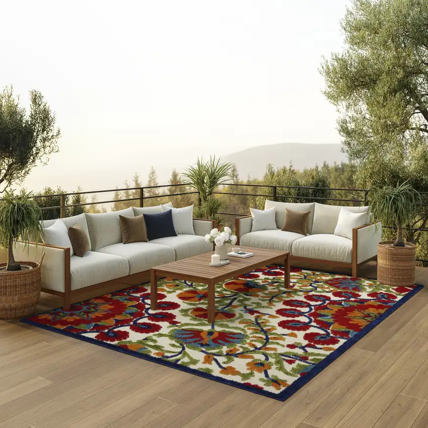 Red And Ivory Floral Indoor Outdoor Area Rug Photo 5
