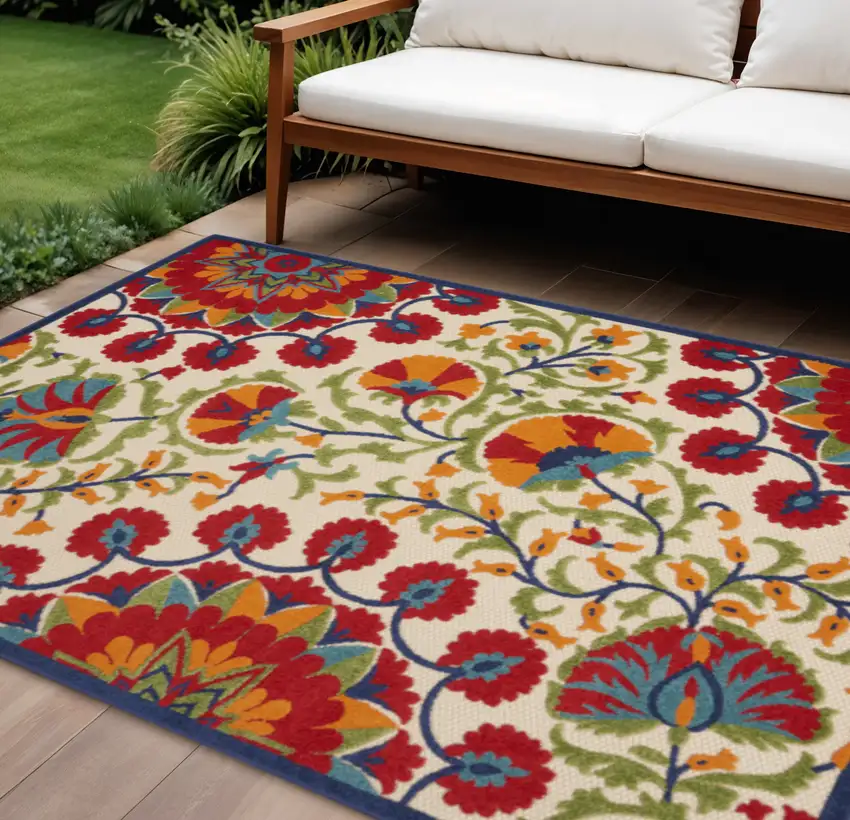 Red And Ivory Floral Indoor Outdoor Area Rug Photo 2