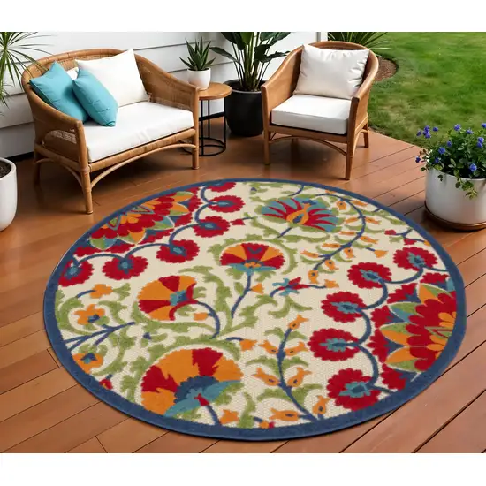 8' Red And Ivory Round Floral Indoor Outdoor Area Rug Photo 2