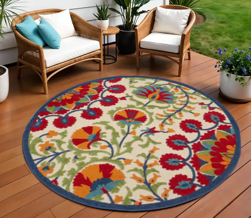 8' Red And Ivory Round Floral Indoor Outdoor Area Rug Photo 2