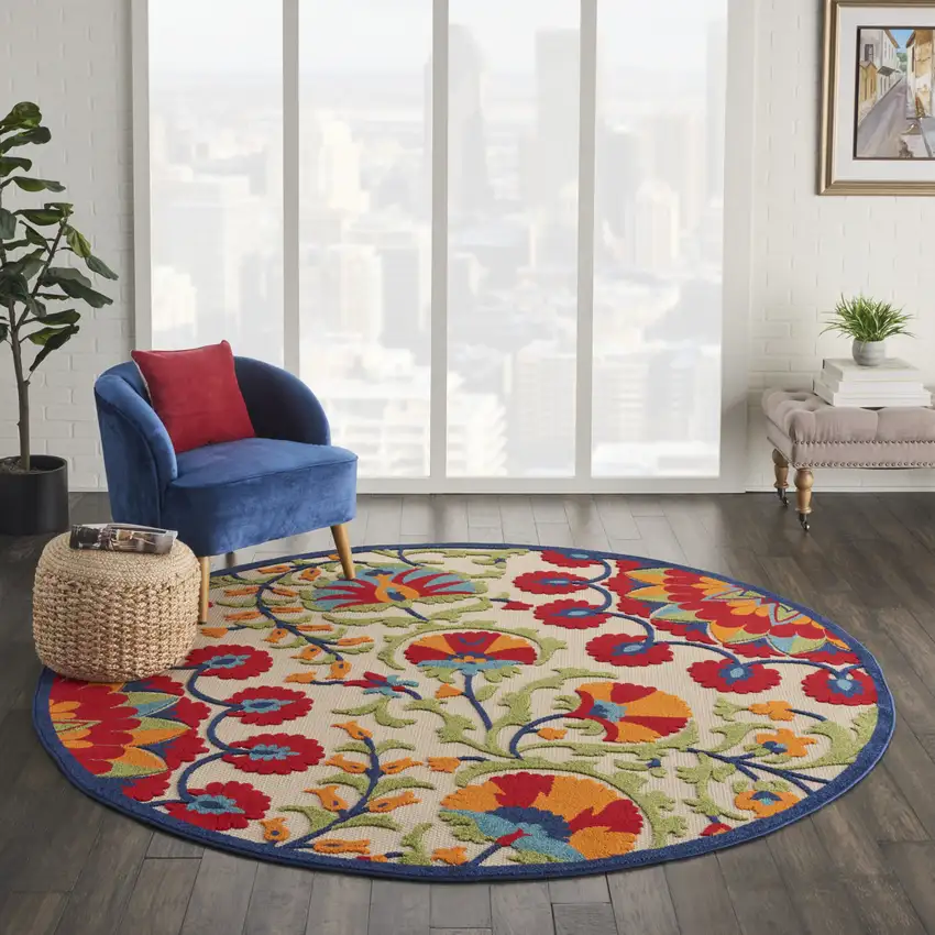 8' Red And Ivory Round Floral Indoor Outdoor Area Rug Photo 6