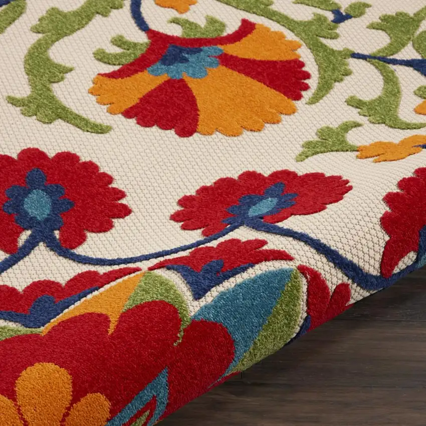 8' Red And Ivory Round Floral Indoor Outdoor Area Rug Photo 9