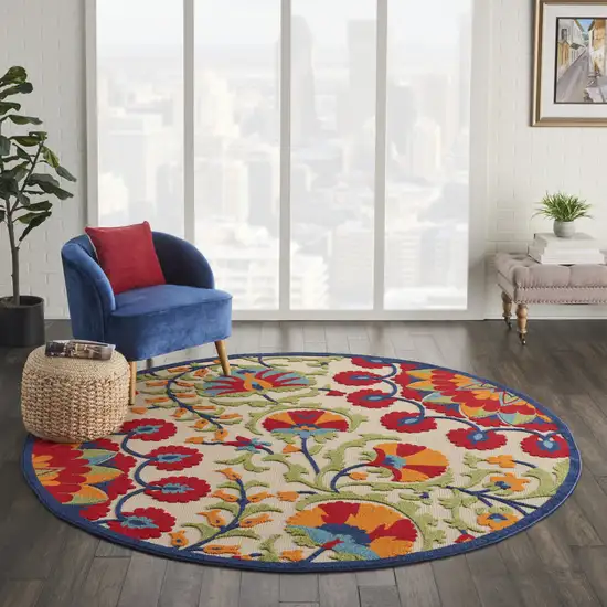 Red And Ivory Round Floral Indoor Outdoor Area Rug Photo 7
