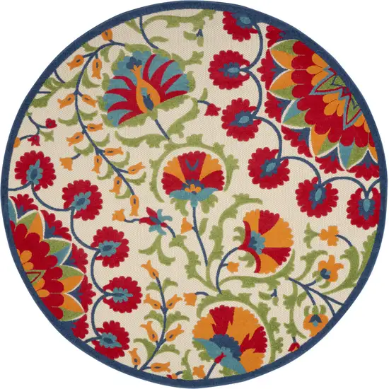 8' Red And Ivory Round Floral Indoor Outdoor Area Rug Photo 3