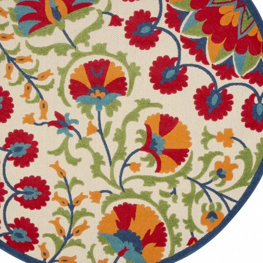 8' Red And Ivory Round Floral Indoor Outdoor Area Rug Photo 4